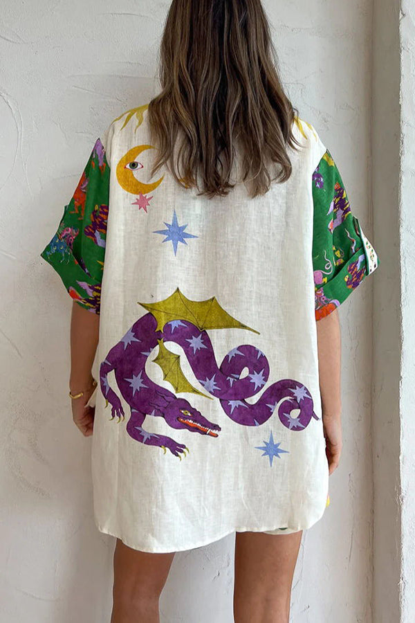 Days of Heaven – Set aus Bluse aus Leinenmischung mit einzigartigem Aufdruck und Shorts mit Taschen und elastischer Taille
