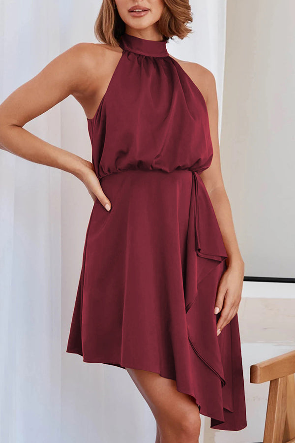 Satin Tie Irregular Halter Neck Dress