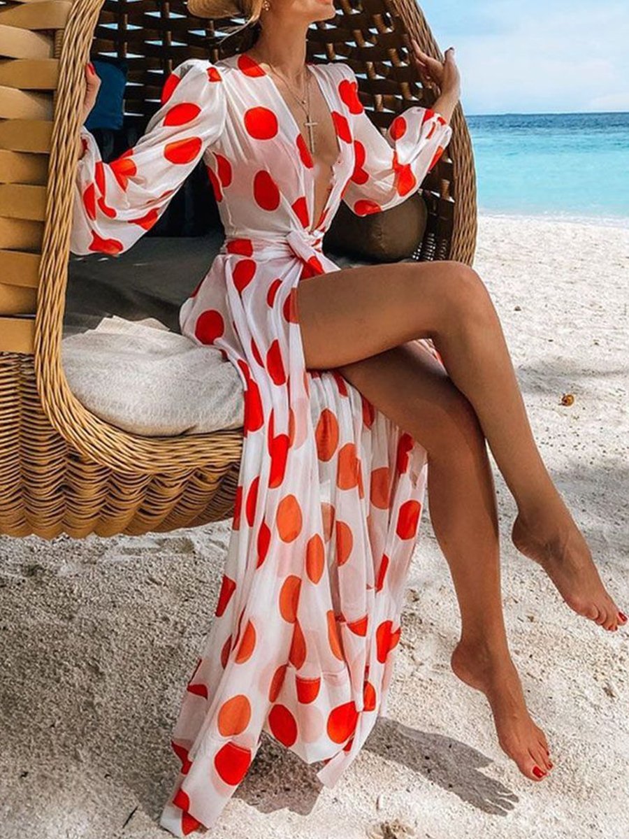 Fashion Polka Dot Long Sleeve Beach Dress