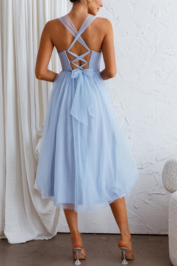 Classy Event Tulle Sweetheart Neck Lace Up Back Midi Dress