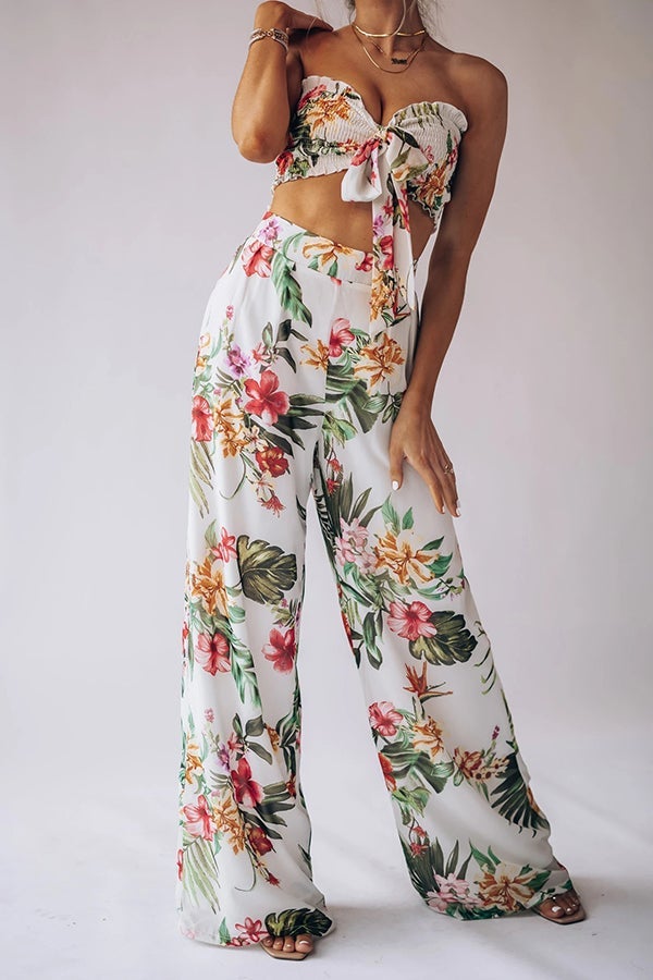 Boho Print Tube Top Wide Leg Pants Two-piece Suit