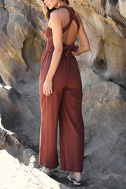 Ready To Travel Linen Blend Smocked Pocketed Back Tie Jumpsuit