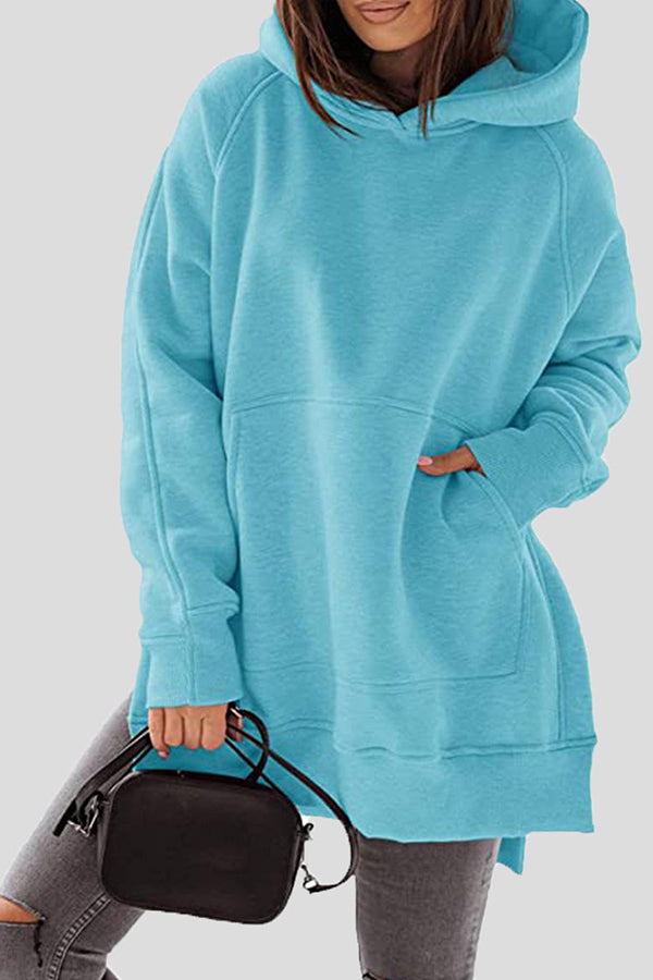 Women's Hoodies Solid Pocket Slit Long Sleeve Hoody