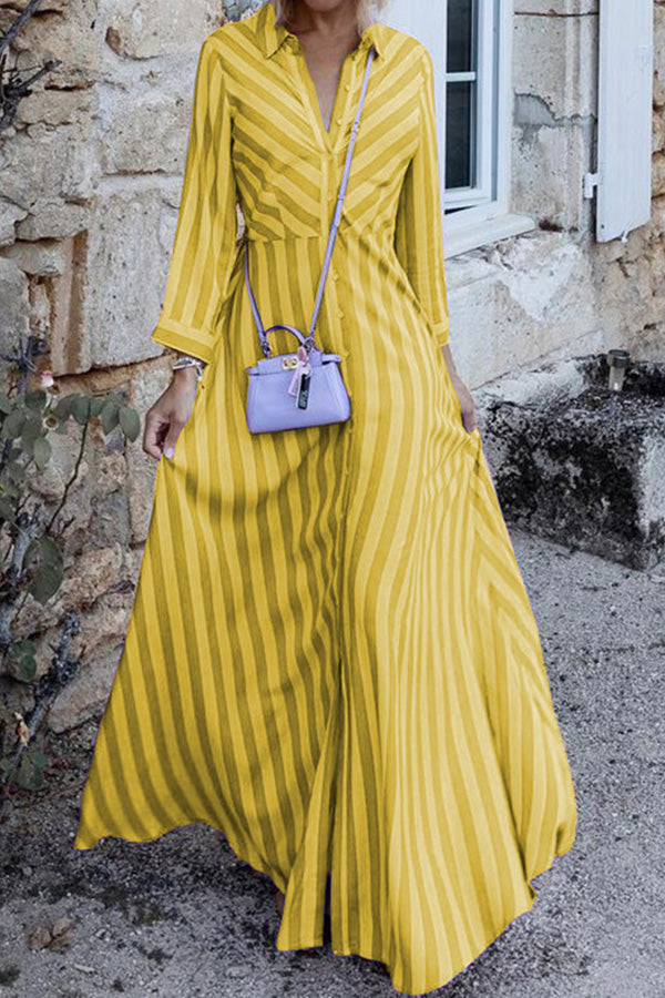 Fashionable long-sleeved temperament mid-length striped dress