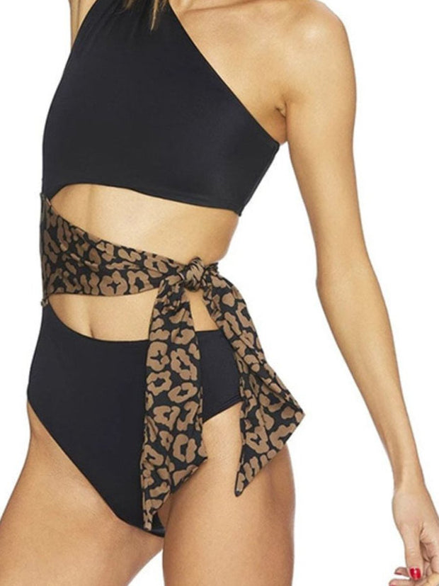 One Shoulder Cutout Leopard Knitting One-piece Swimsuit