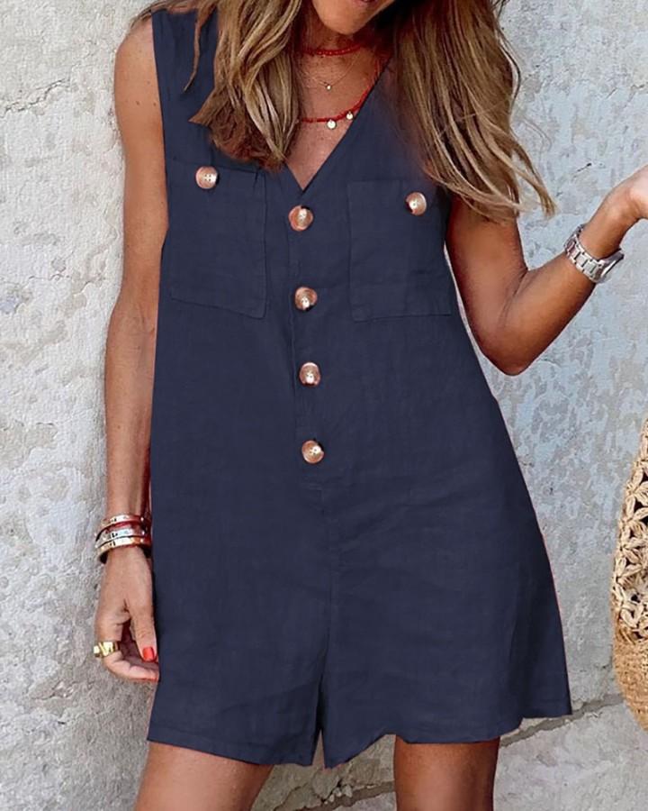 V-neck button patch tank top Rompers