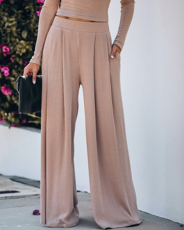 POCKETED RIBBED WIDE LEG PANTS