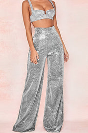 Hot Silver Wide Leg Pants High Waist Straight Ladies Casual Pants