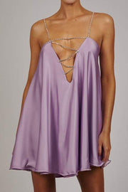 Loose Large Size Crystal Diamond Chain Sling Sexy V Neck Backless Satin Dress