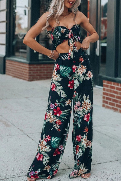 Boho Print Tube Top Wide Leg Pants Two-piece Suit