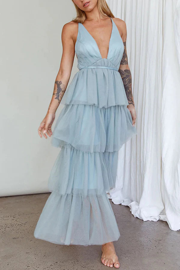 Princess Dreaming Tulle Tiered Frill Back Lace-up Maxi Dress