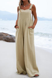 Ethnic Button Suspender Wide Leg Line Jumpsuit