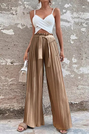 Cali Satin Belt Pleated Wide Leg Pants