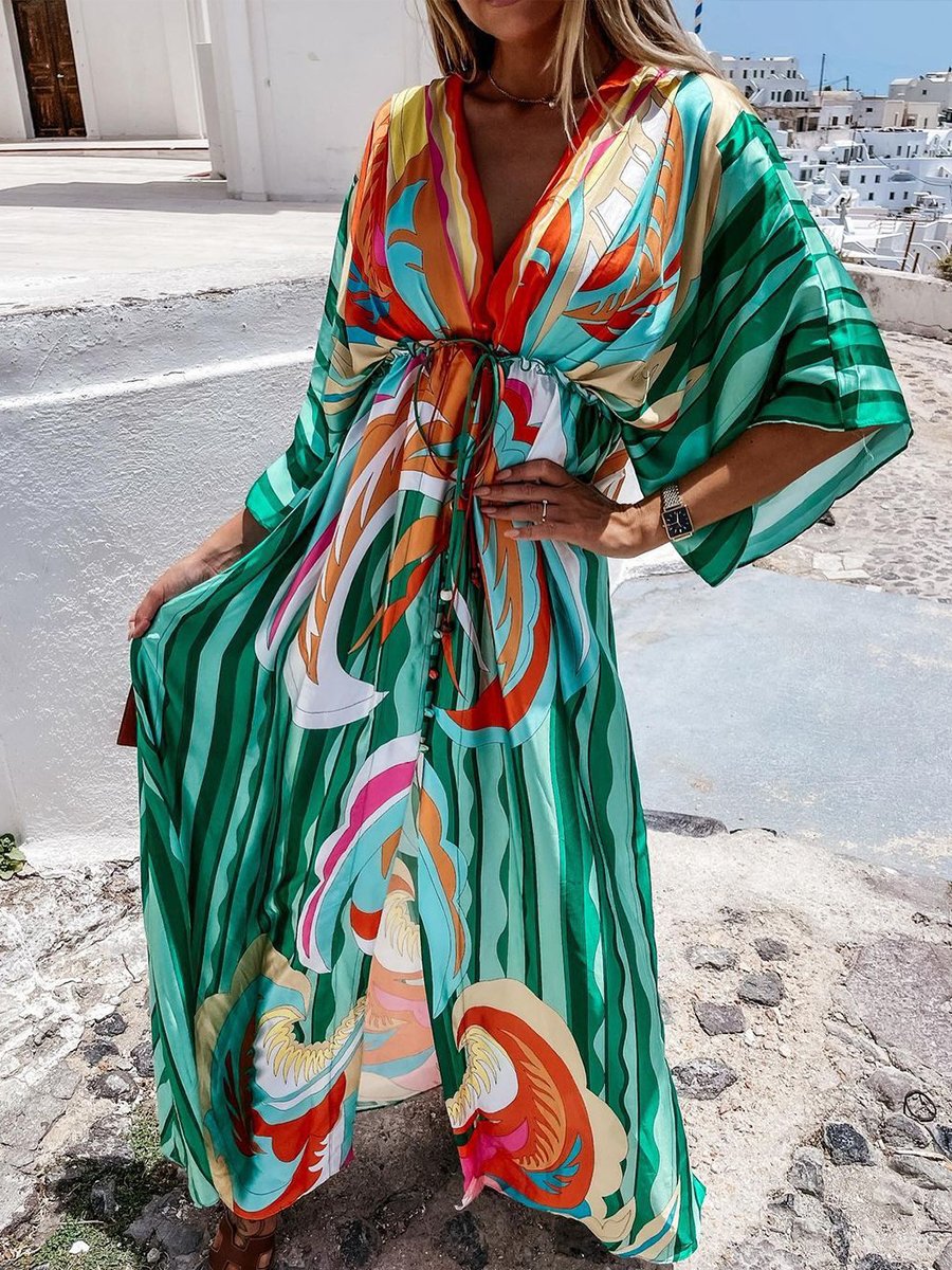 Robe longue fendue à col en V et imprimé numérique