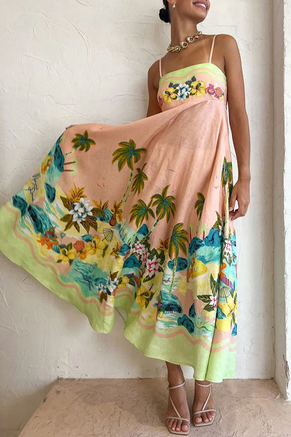 Coconut Scenery – Midikleid aus Leinenmischung mit tropischem Print und gesmoktem Rücken 