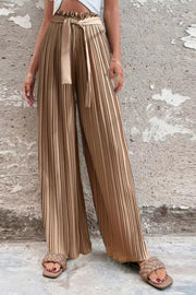 Cali Satin Belt Pleated Wide Leg Pants