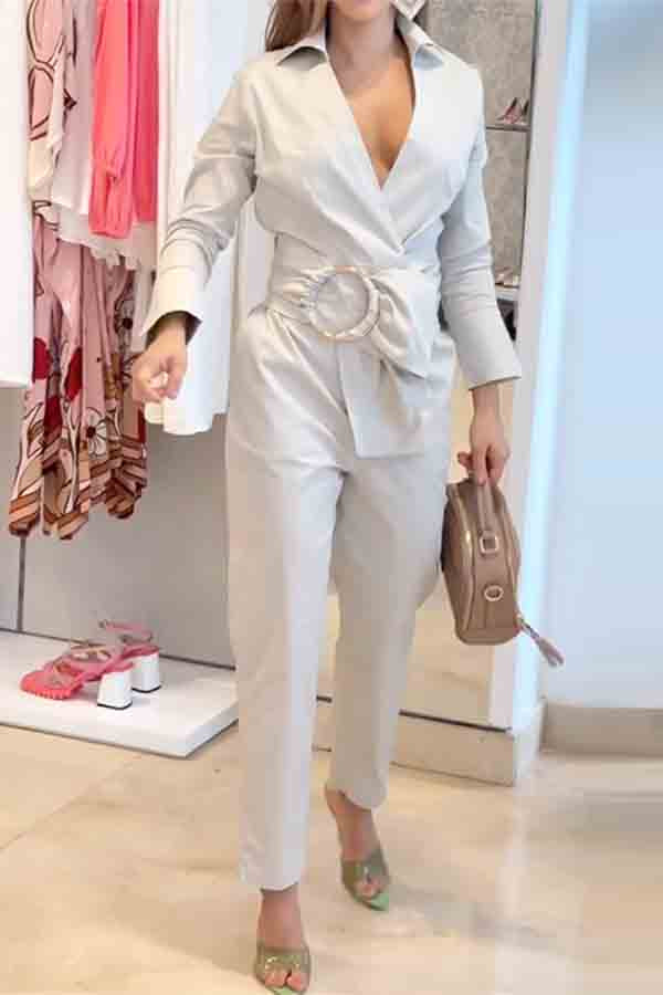 Belted Solid Color Long Sleeves V-Neck Jumpsuits