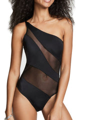 One Shoulder Patchwork Black One-piece Swimsuit