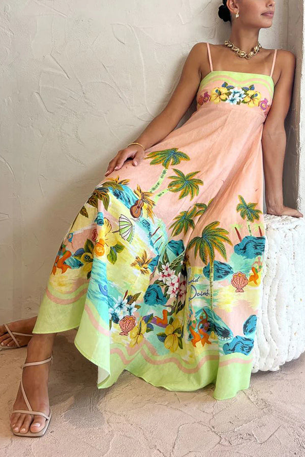 Coconut Scenery – Midikleid aus Leinenmischung mit tropischem Print und gesmoktem Rücken 