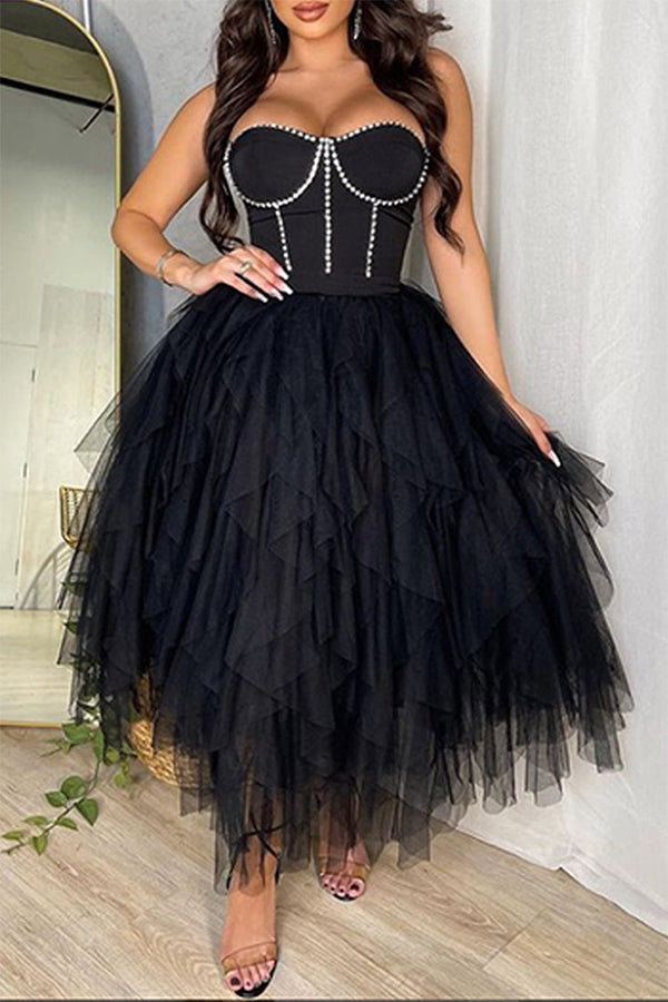 Fashion solid color hot diamond tube top fluffy mesh dress