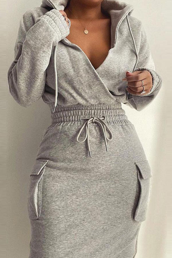 Solid Color V-Neck Drawstring Fashion Casual Suit