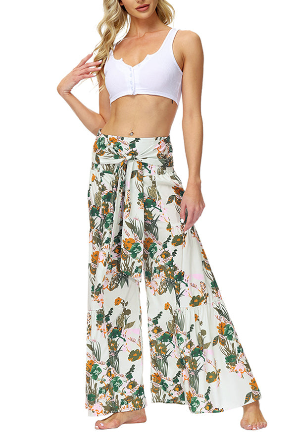 Printed Women's Loose Beach Wide Leg Lace-up Trousers