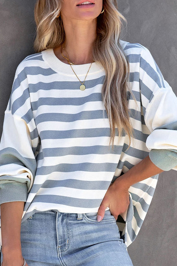 Puff Sleeve Crew Neck Striped Long Sleeve Pullover Women's Sweatshirt