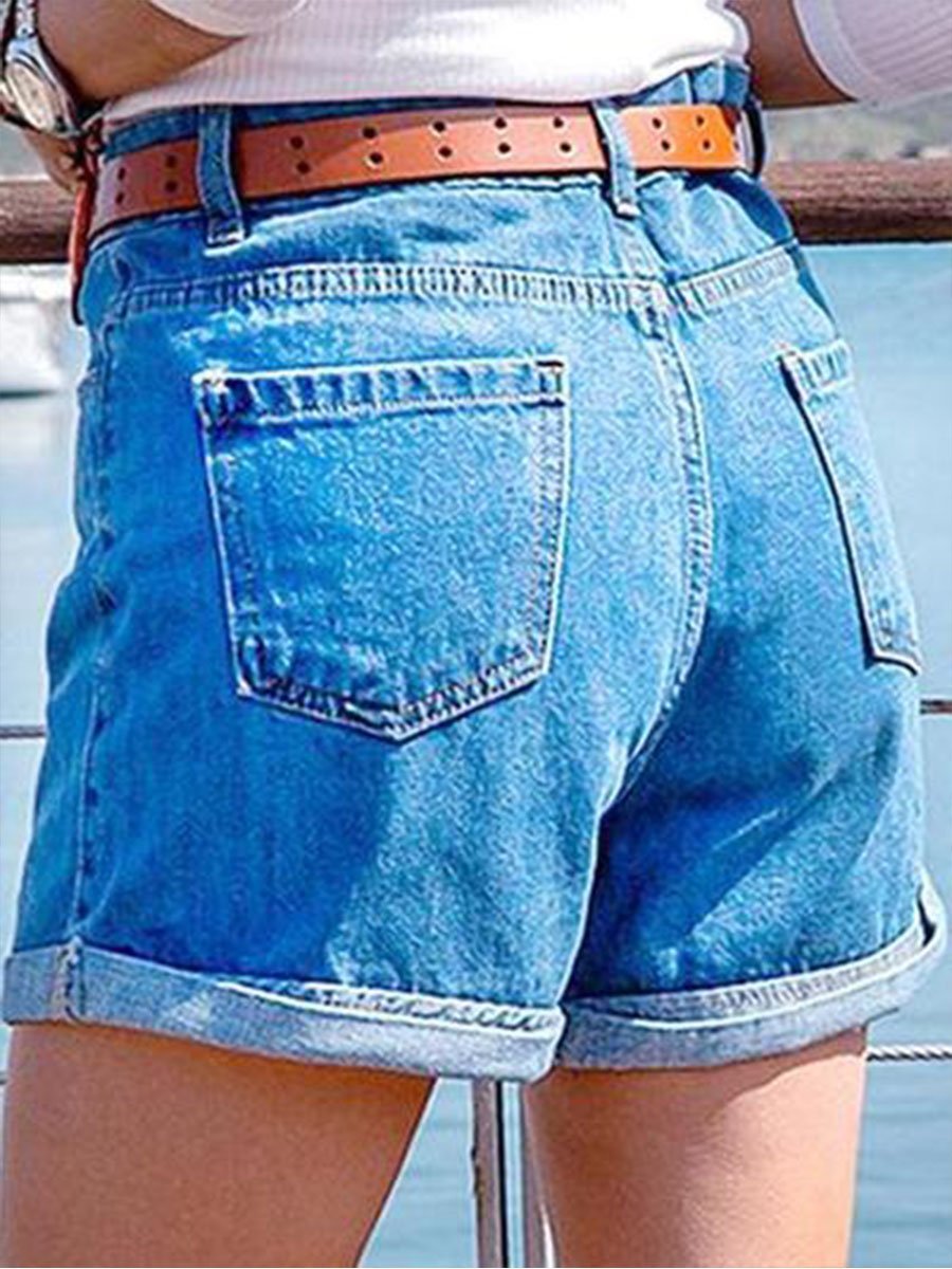 Casual Washed Solid Denim Shorts