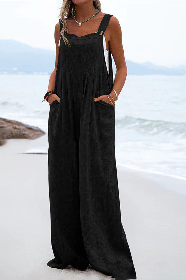 Ethnic Button Suspender Wide Leg Line Jumpsuit