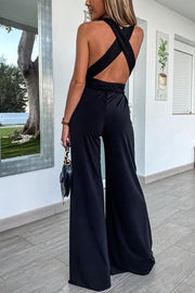 Solid Color Slim V Neck Lace Up Sleeveless Jumpsuit