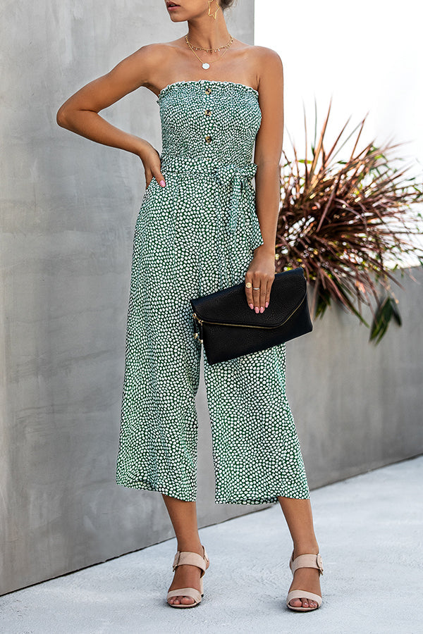 Printed Breast Wrap Button Tie Pocket Jumpsuit