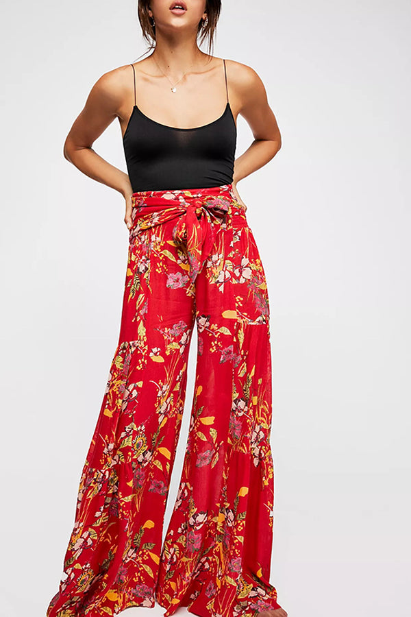 Printed Women's Loose Beach Wide Leg Lace-up Trousers