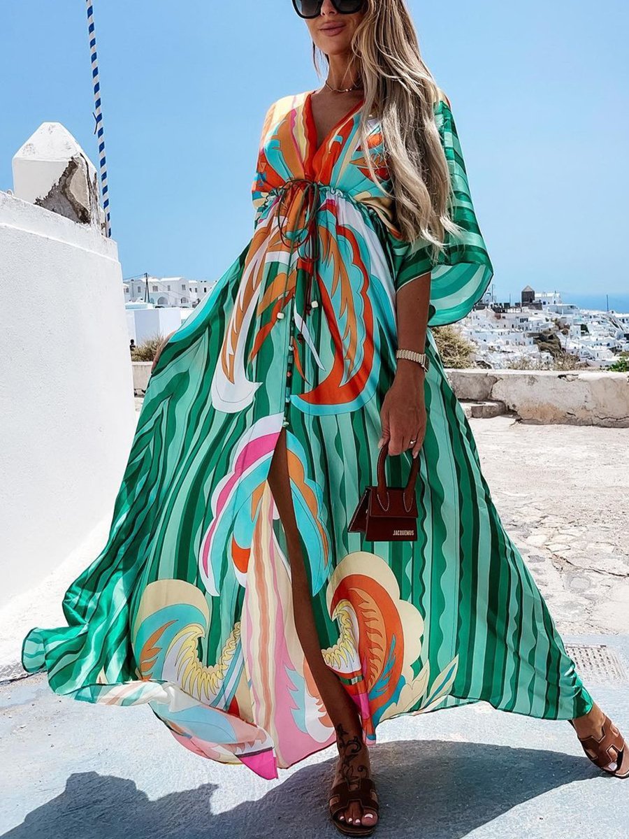 Robe longue fendue à col en V et imprimé numérique
