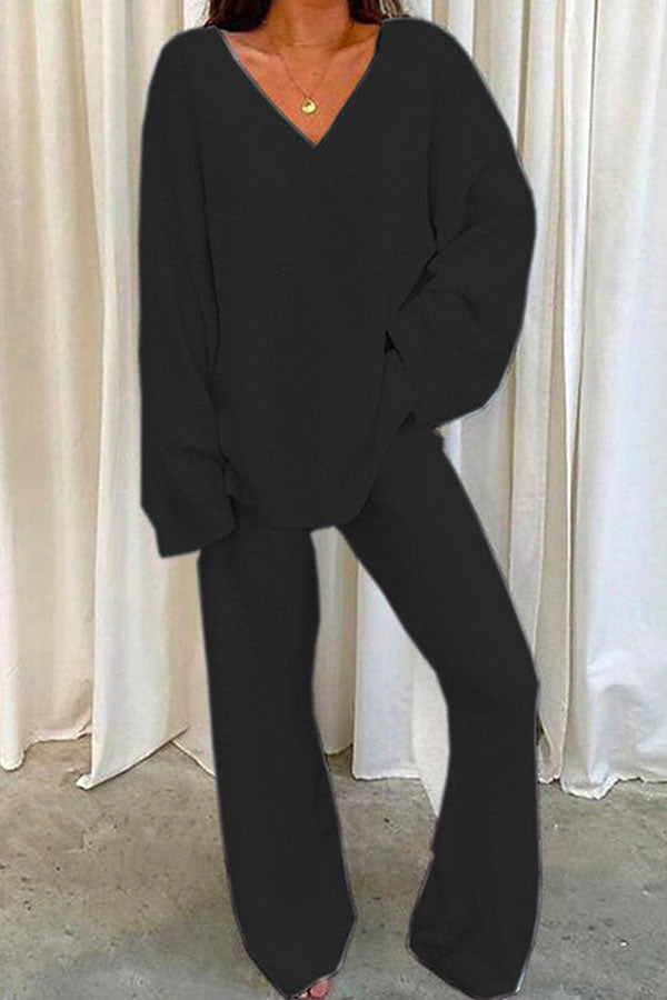 V Neck Batwing Sleeve Top and Straight Leg Pants Loungewear Set