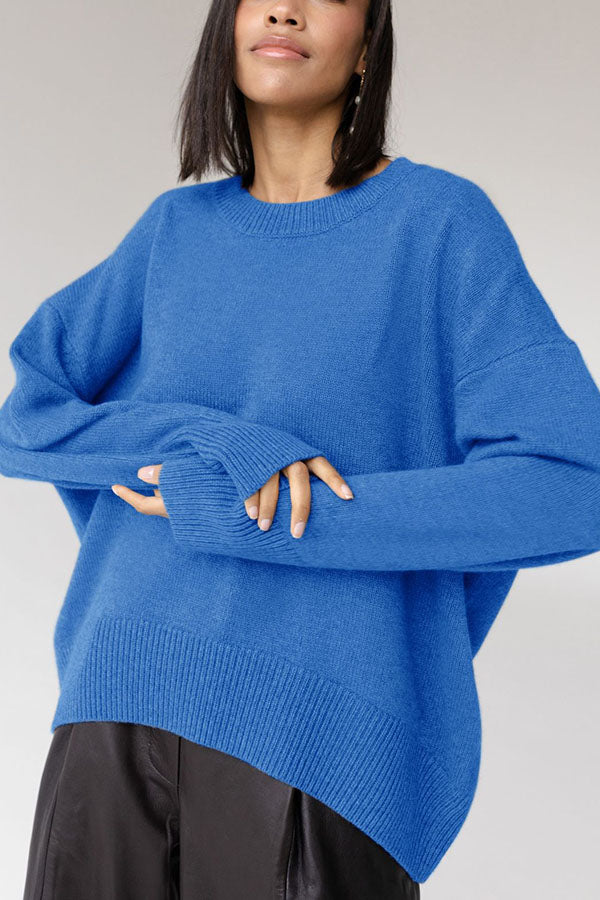 loose solid color round neck knitted sweater