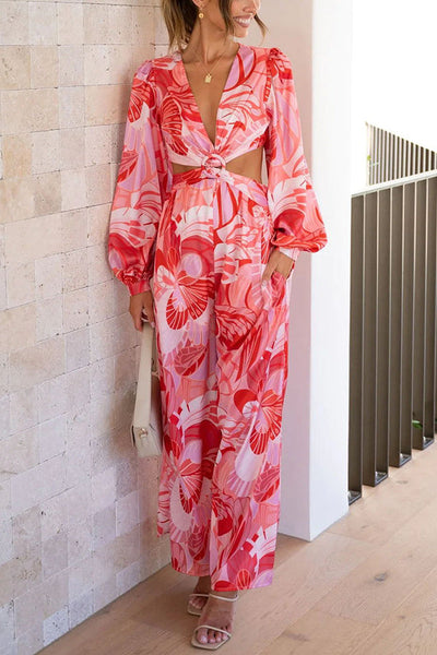 Floral Cutout Waist Pocketed Jumpsuit