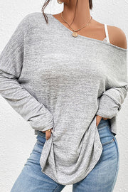 Solid color shoulder sling top casual loose long-sleeved t-shirt