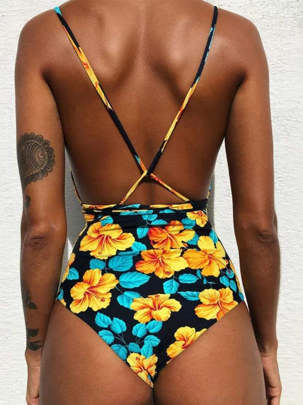 Strap Yellow Flower One-piece Swimsuit