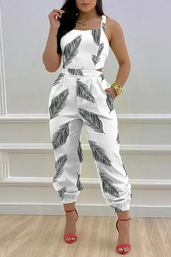 Libby Tropical Print Criss Cross Tied Detail Backless Jumpsuit