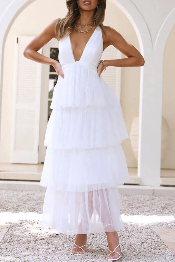 Princess Dreaming Tulle Tiered Frill Back Lace-up Maxi Dress