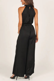 Callie Satin Halter Cutout Neck Pleated Elastic Waist Jumpsuit