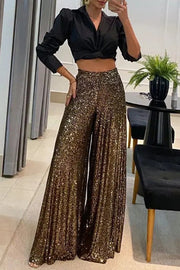 Sequin Elastic Waist Flare Pants