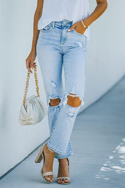 High Rise Distressed Straight Leg Denim