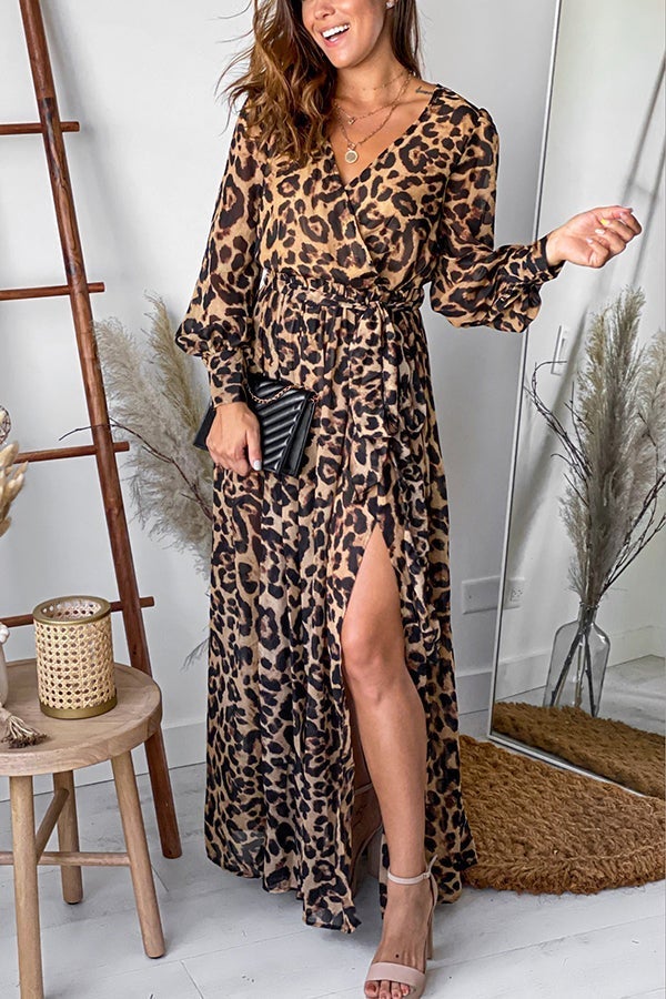 Gorgeous Long Sleeves Leopard Slit Maxi Dress