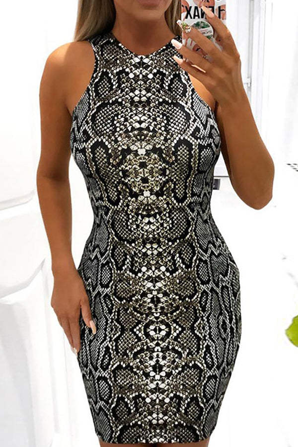 Snake pattern sexy wrap hip sleeveless bottoming dress