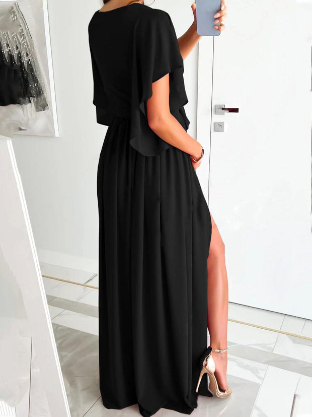 Solid V-Neck Flared Sleeve Slit Dress