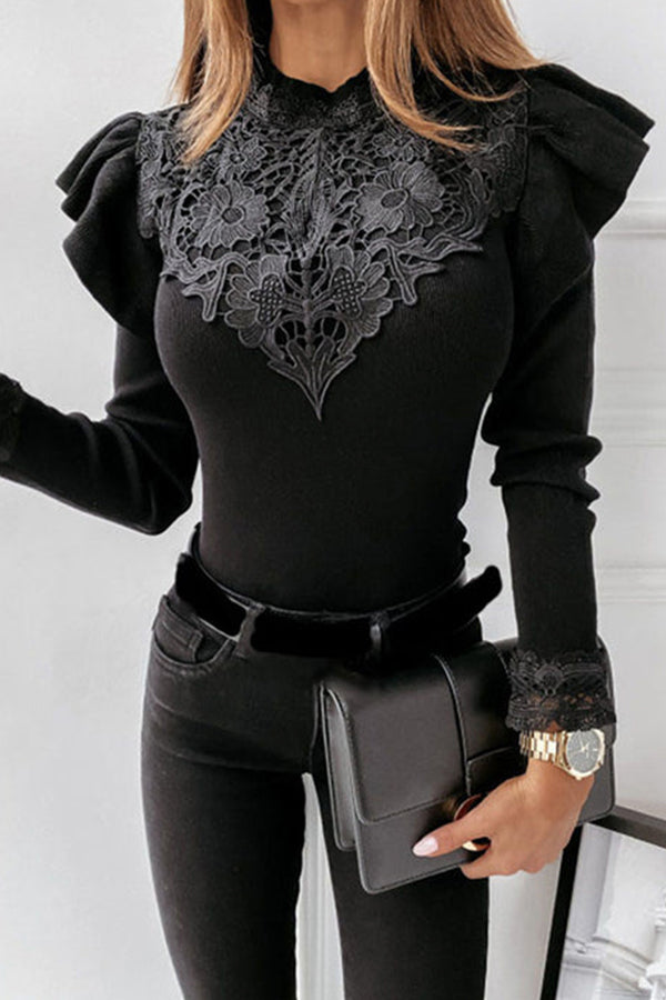 Elegant Solid Lace Half A Turtleneck Tops