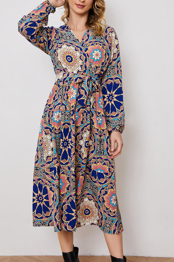 big flower long sleeve waist dress