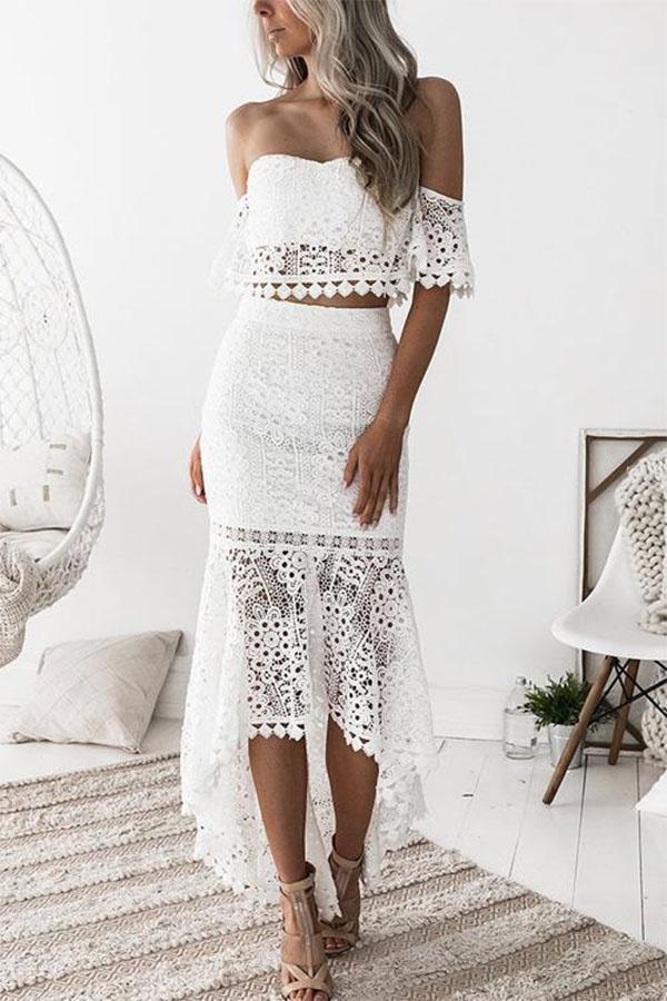 Lace Boat Neck Top+Lace Dress Two-piece