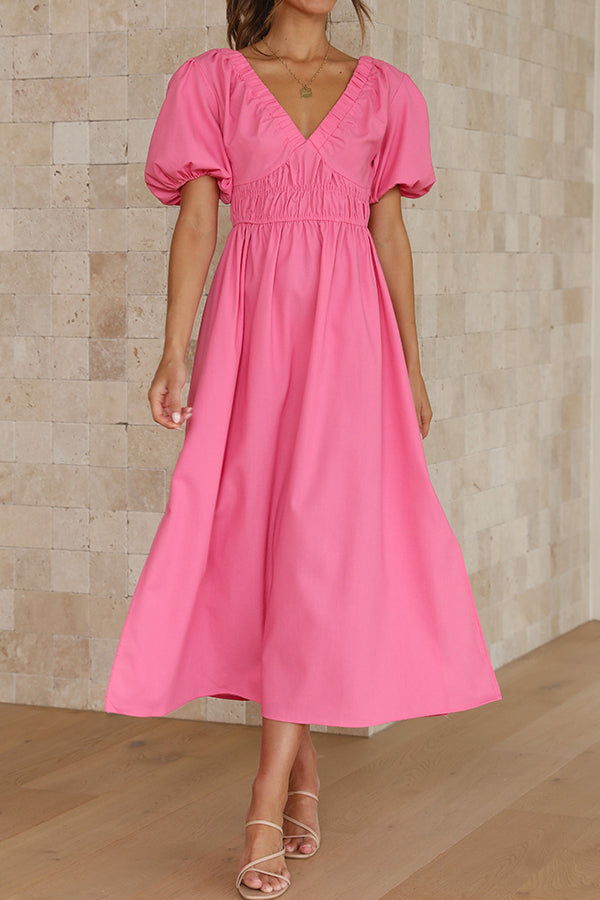 V-neck puff sleeve pleated dress